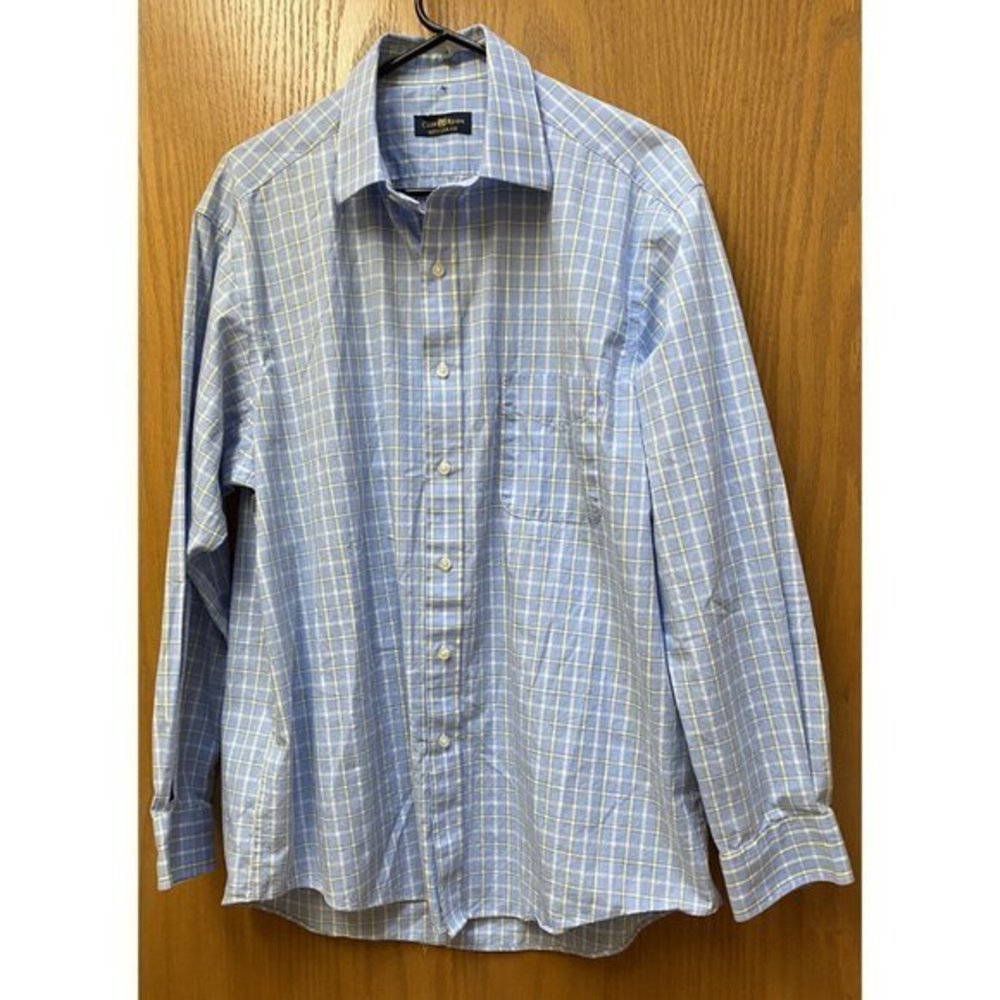 CLUB‎ ROOM Regular Fit 100% Cotton Lt Blue  Plaid Dress Shirt 16.5 34/35